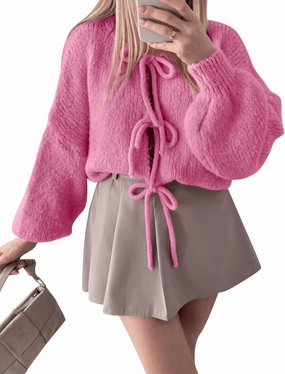 Kissonic Women's Tie Front Bow Cardigan Sweaters Y2K Bow Puff Long Sleeve Jacket 2024 Fall Trendy Tops