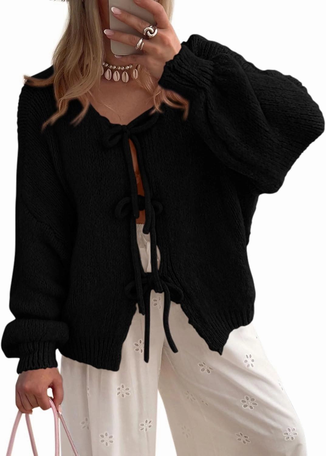 Kissonic Women's Tie Front Bow Cardigan Sweaters Y2K Bow Puff Long Sleeve Jacket 2024 Fall Trendy Tops