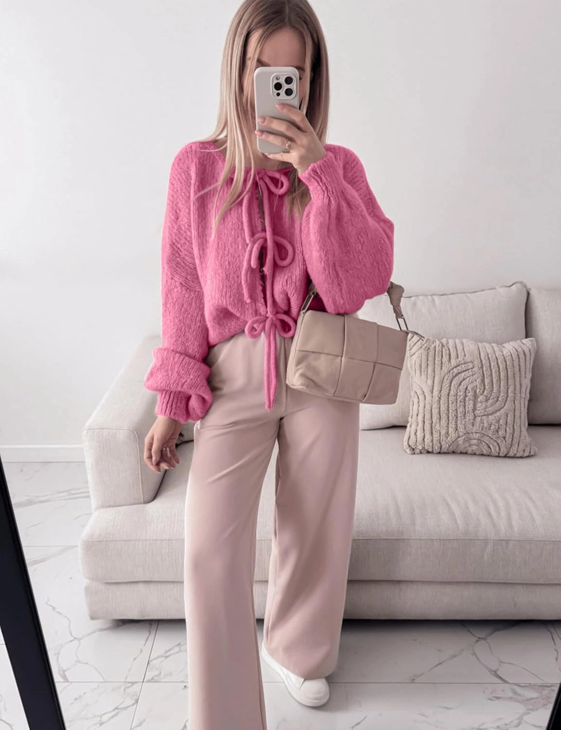 Kissonic Women's Tie Front Bow Cardigan Sweaters Y2K Bow Puff Long Sleeve Jacket 2024 Fall Trendy Tops