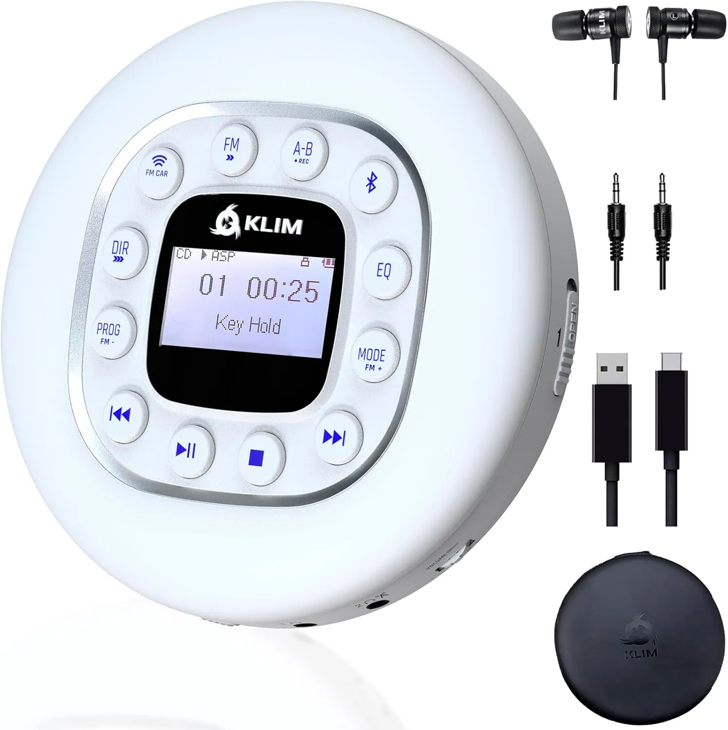 KLIM Journey   Portable CD Player Walkman with Long-Lasting Battery   New   w/Headphones   Radio FM   Compatible MP3 CD Player   SD Card, FM Transmitter, Bluetooth   Ideal for Cars - White