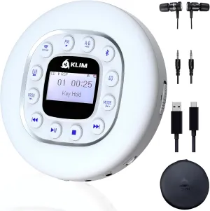 KLIM Journey   Portable CD Player Walkman with Long-Lasting Battery   New   w/Headphones   Radio FM   Compatible MP3 CD Player   SD Card, FM Transmitter, Bluetooth   Ideal for Cars - White