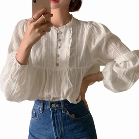 Korean Version of Women's Shirt, Women's Sweet Round Neck Pleated Small lace top, Women's Long Sleeved Shirt top