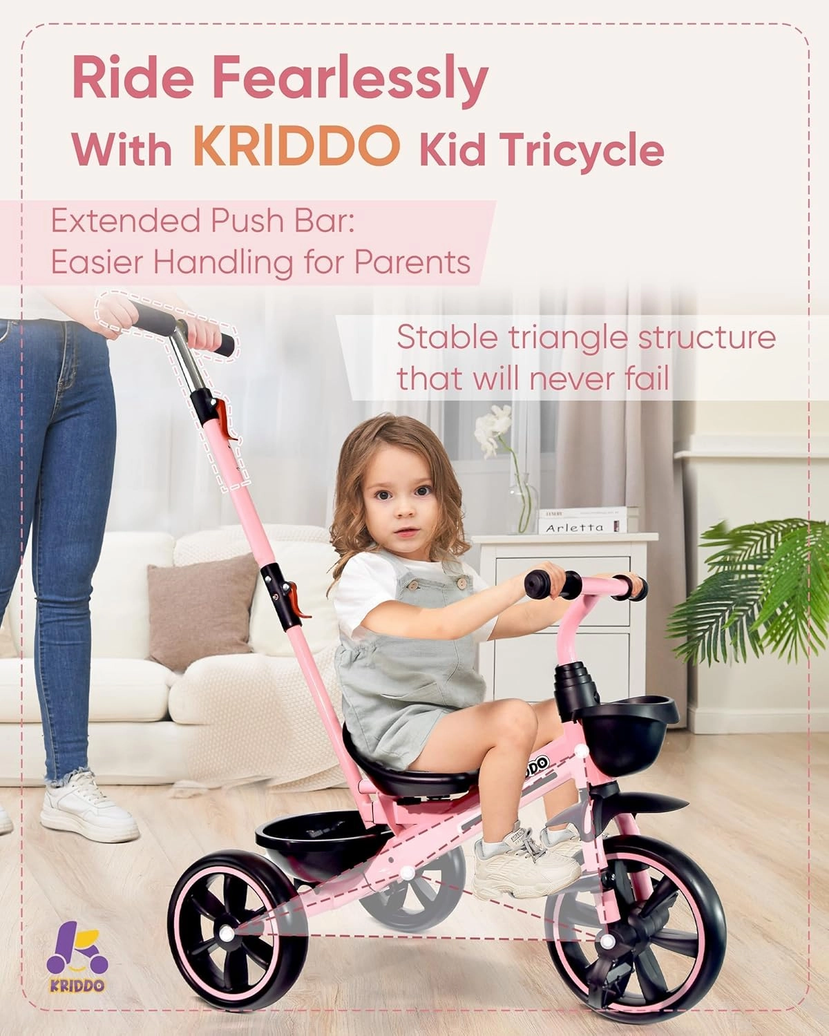 KRIDDO 2-in-1 Toddler Tricycle for Ages 18 Months to 5 Years Old - Extended Push Handle for Effortless Push, Gift Trike for Toddler 3 to 5 Year, Kids Tricycle with Foldable Front Footrest, Pink