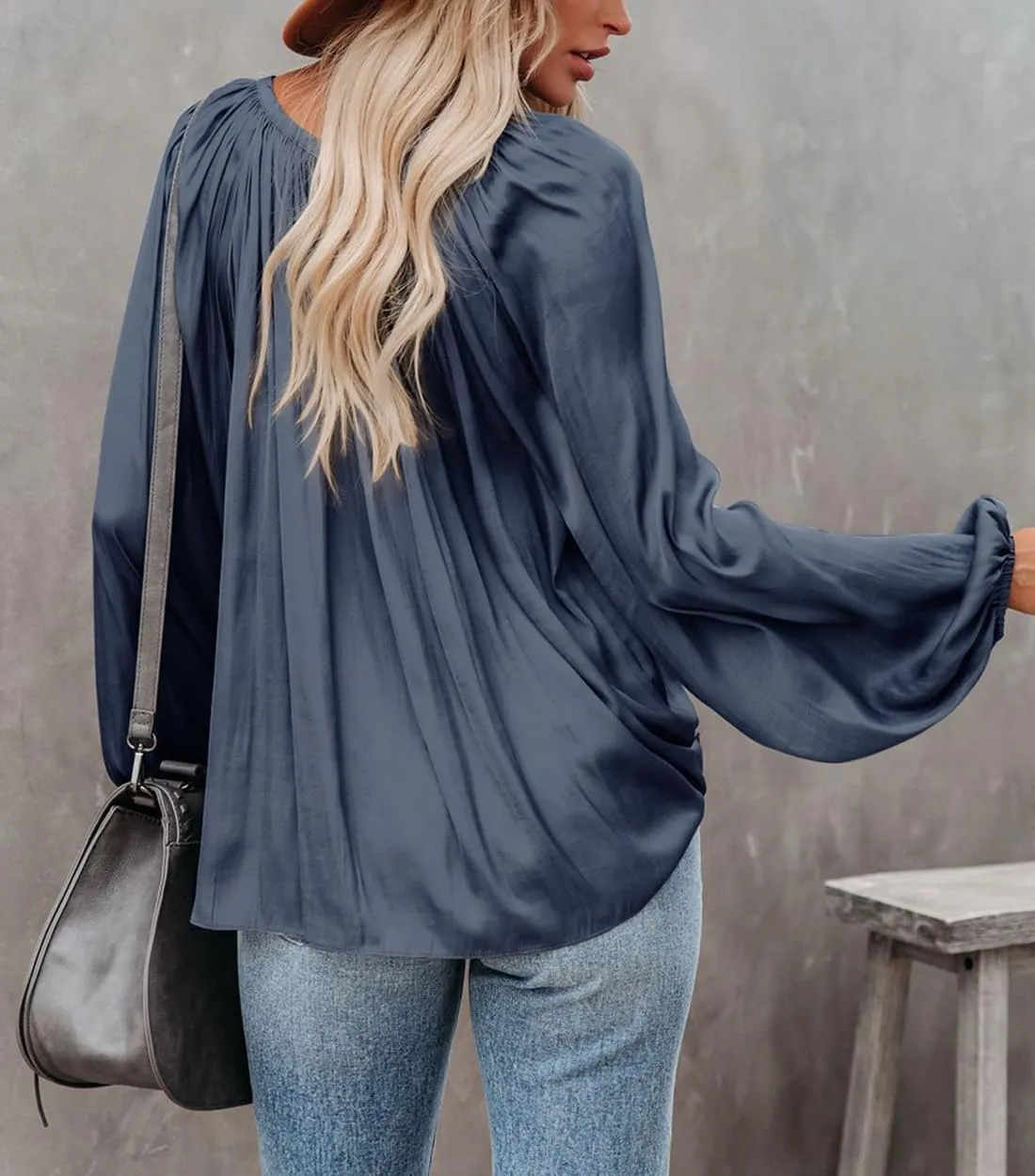 LAMISSCHE Womens Sexy Deep V Neck Blouse Lantern Long Sleeve Chiffon Shirt Oversized Drawstring Silk Satin Tunic