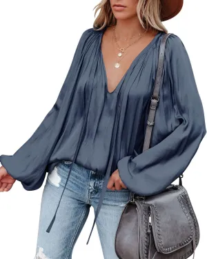 LAMISSCHE Womens Sexy Deep V Neck Blouse Lantern Long Sleeve Chiffon Shirt Oversized Drawstring Silk Satin Tunic