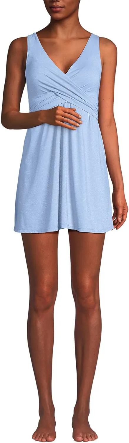 Lands' End Women's SlenderSuit V-Neck Wrap Swim Dress One Piece Swimsuit Adjustable Straps