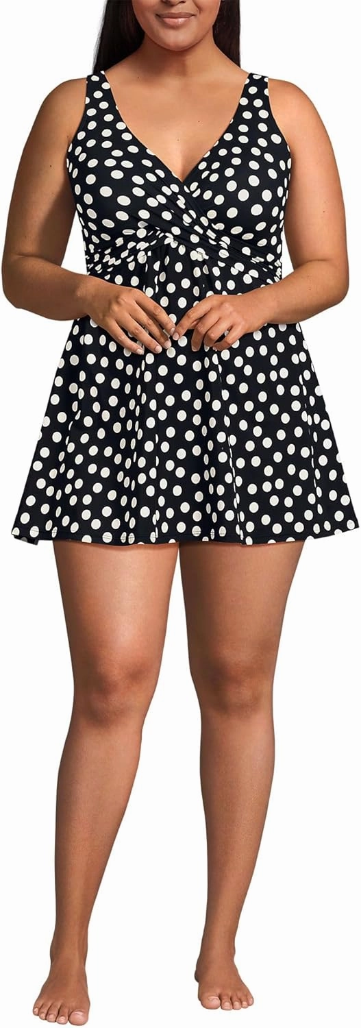 Lands' End Women's SlenderSuit V-Neck Wrap Swim Dress One Piece Swimsuit Adjustable Straps