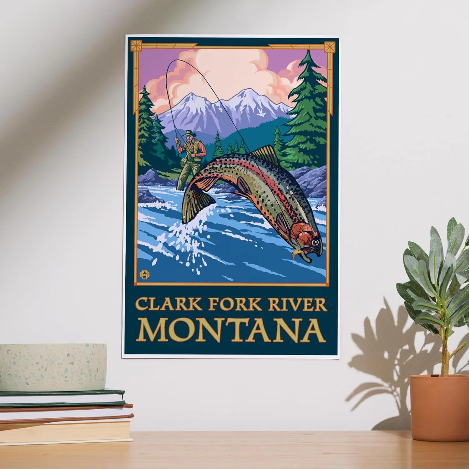 Lantern Press 12x18 Inch Art Print Wall Decor, Clark Fork River, Montana, Angler Fly Fishing Scene (Leaping Trout)
