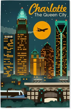 Lantern Press 16x24 Inch Giclee Art Print Wall Decor, Charlotte, North Carolina, Retro Skyline