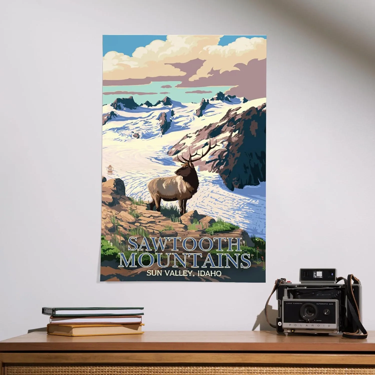 Lantern Press 16x24 Inch Giclee Art Print Wall Decor, Sun Valley, Idaho, Sawtooth Mountain, Elk and Snowy Mountain