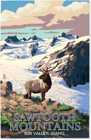 Lantern Press 16x24 Inch Giclee Art Print Wall Decor, Sun Valley, Idaho, Sawtooth Mountain, Elk and Snowy Mountain