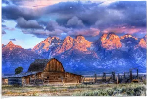 Lantern Press 36x54 Inch Giclee Print, Barn and Mountain Range at Sunset