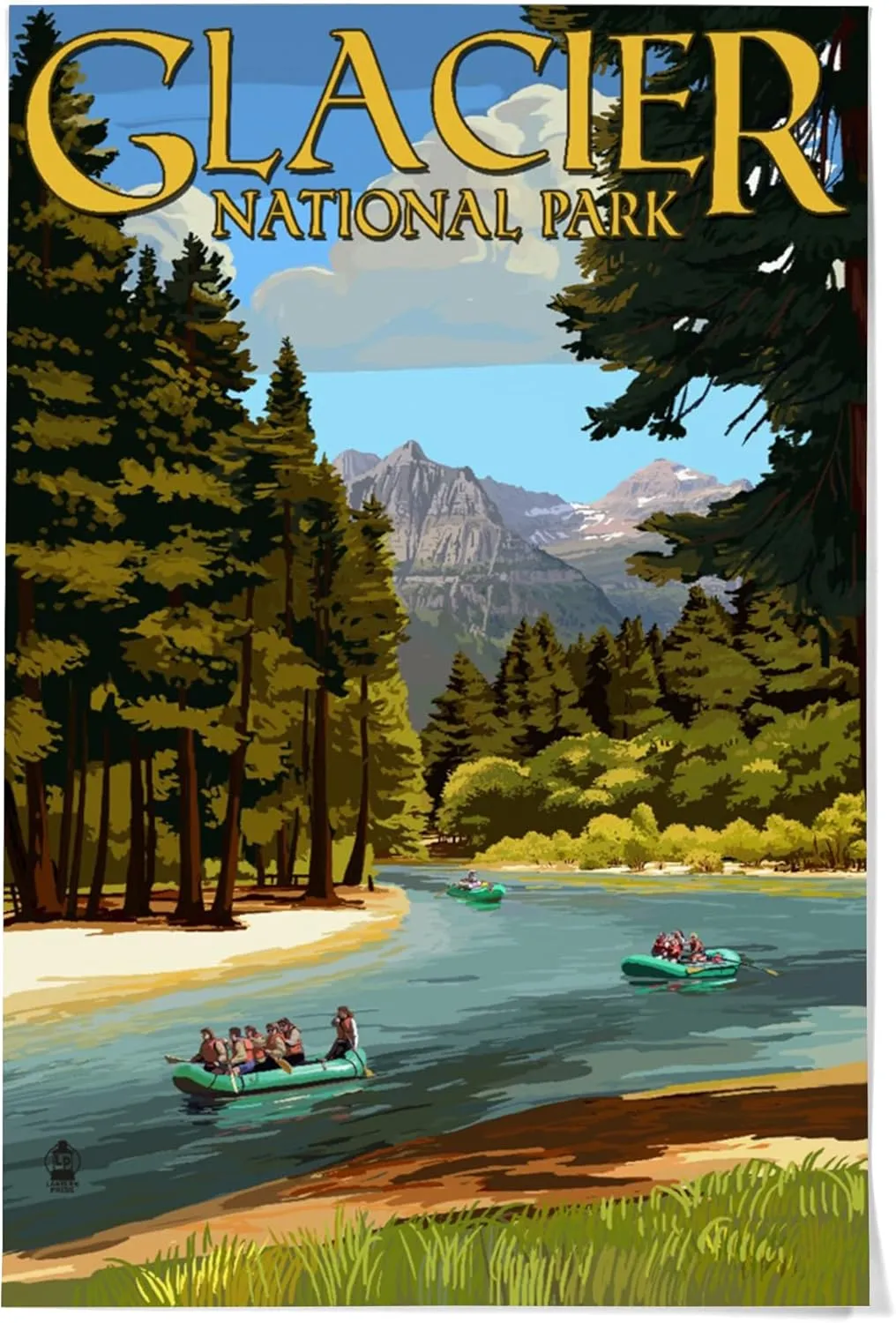 Lantern Press 36x54 Inch Giclee Print, Glacier National Park, Montana, River Rafting