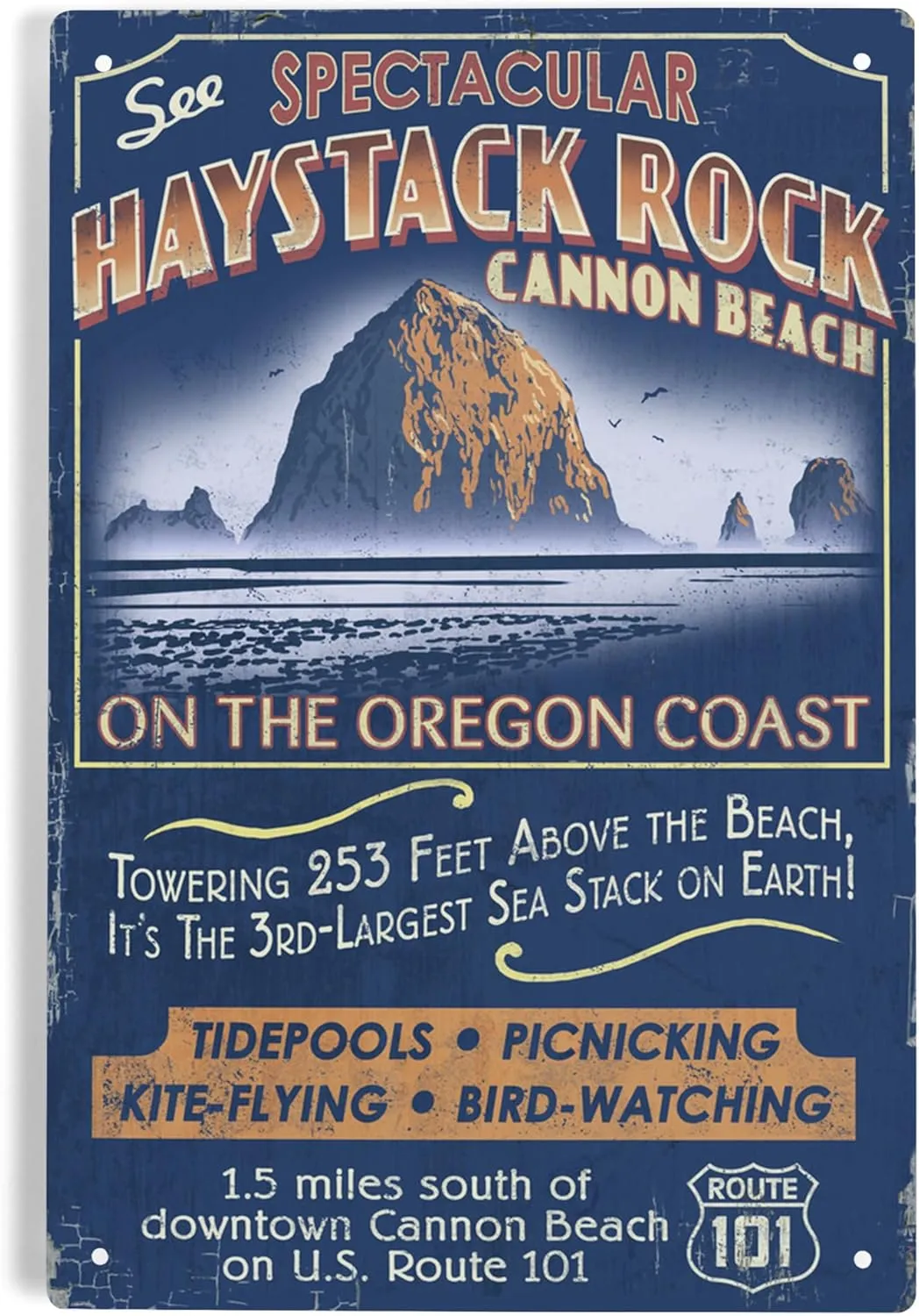 Lantern Press 6x9 Inch Metal Sign, Cannon Beach, Oregon, Haystack Rock Vintage Sign