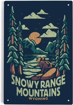 Lantern Press 6x9 Inch Metal Sign, Snowy Range Mountains, Wyoming, Distress Vector Shapes