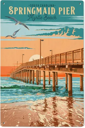 Lantern Press 6x9 Inch Wood Sign, Ready to Hang Wall Decor, Myrtle Beach, South Carolina, Painterly, Springmaid Pier