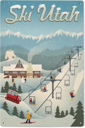Lantern Press 6x9 Inch Wood Sign, Ready to Hang Wall Decor, Ski Utah, Retro Ski Resort