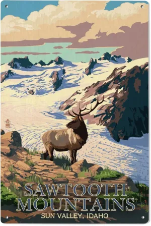Lantern Press 6x9 Inch Wood Sign, Ready to Hang Wall Decor, Sun Valley, Idaho, Sawtooth Mountain, Elk and Snowy Mountain