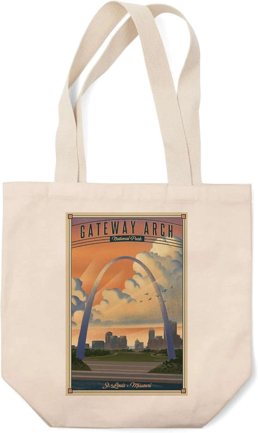 Lantern Press Gateway Arch National Park, Missouri, Lithograph National Park Series (100% Cotton Canvas Reusable Tote Bag)