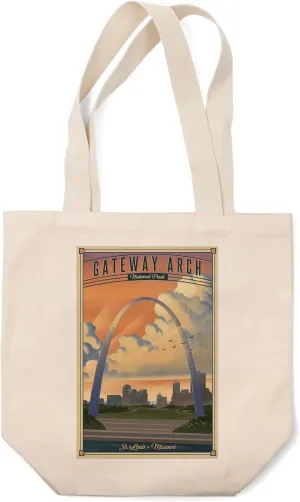 Lantern Press Gateway Arch National Park, Missouri, Lithograph National Park Series (100% Cotton Canvas Reusable Tote Bag)