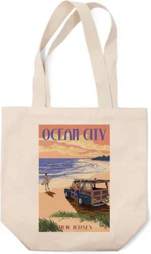 Lantern Press Ocean City, New Jersey, Woody On The Beach (100% Cotton Canvas Reusable Tote Bag)