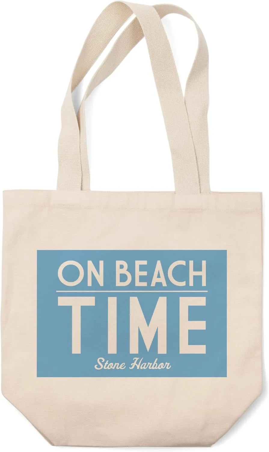 Lantern Press Stone Harbor, New Jersey, On Beach Time, Simply Said (100% Cotton Canvas Reusable Tote Bag)