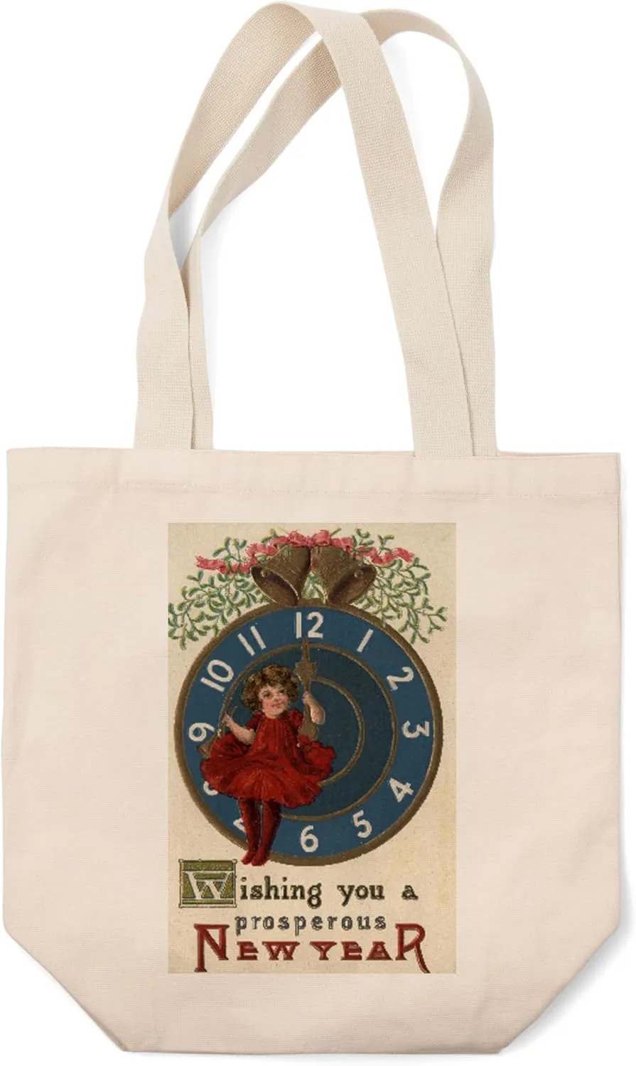 Lantern Press Wishing You a Prosperous New Year, Girl in Red Sitting on Clock, Vintage Holiday Art (100% Cotton Canvas Reusable Tote Bag)