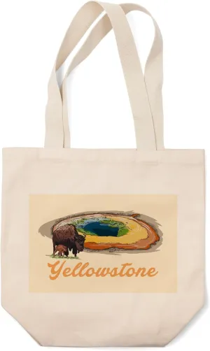 Lantern Press Yellowstone, Grand Prismatic and Bison (100% Cotton Canvas Reusable Tote Bag)