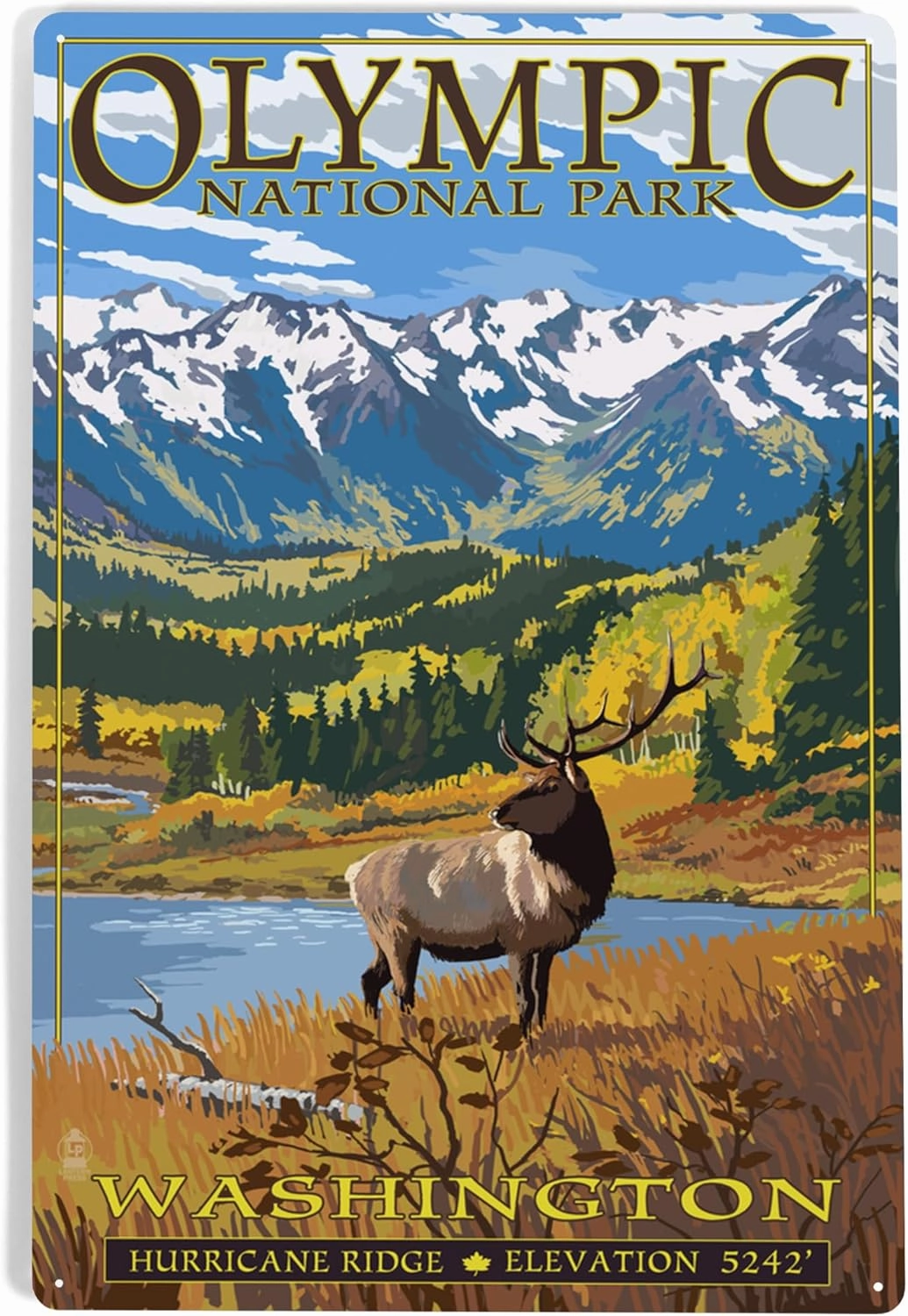 Lantern Press 12x18 Inch Metal Sign, Olympic National Park, Washington, Hurricane Ridge and Elk