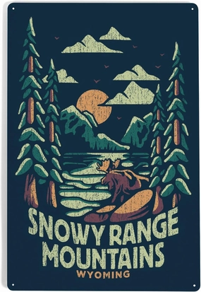 Lantern Press 12x18 Inch Metal Sign, Snowy Range Mountains, Wyoming, Distress Vector Shapes