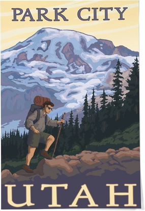 Lantern Press 24x36 Inch Giclee Art Print Wall Decor, Park City, Utah, Hiker and Mountain