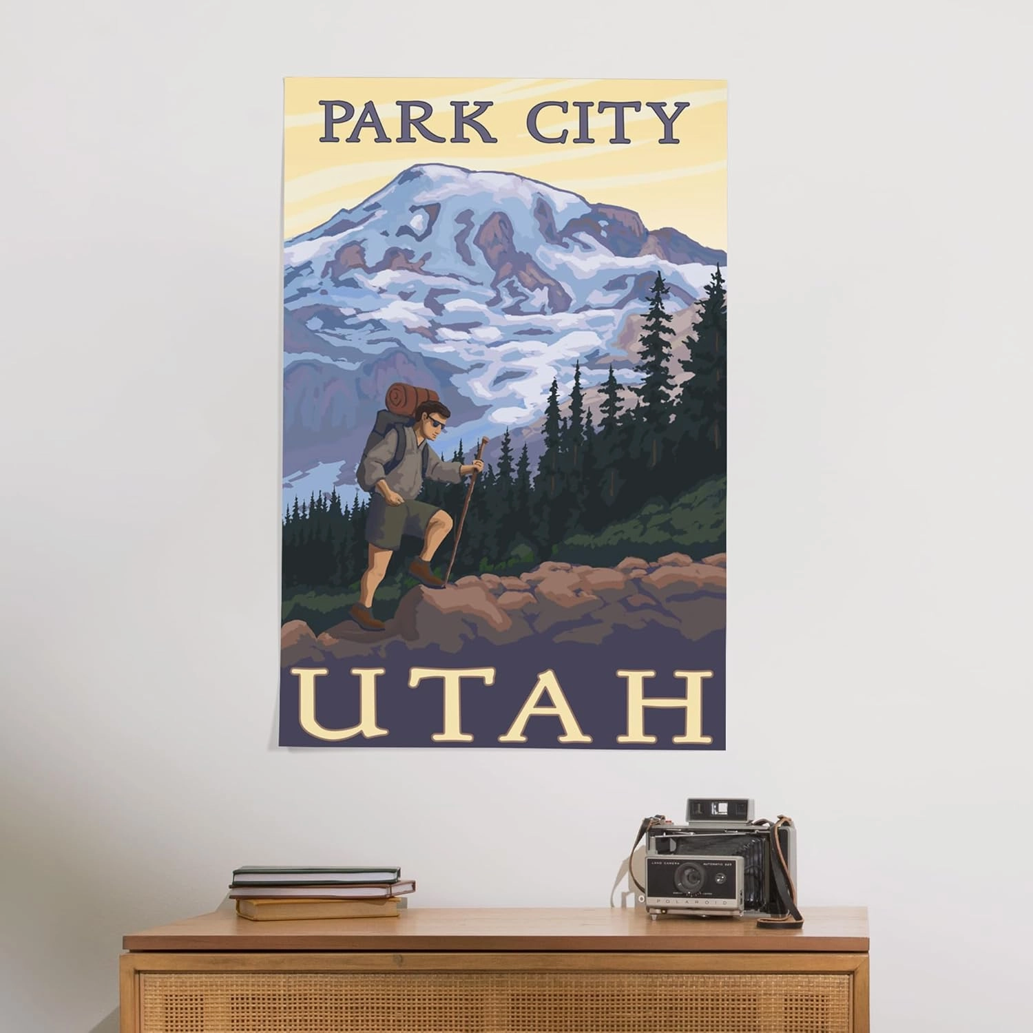 Lantern Press 24x36 Inch Giclee Art Print Wall Decor, Park City, Utah, Hiker and Mountain