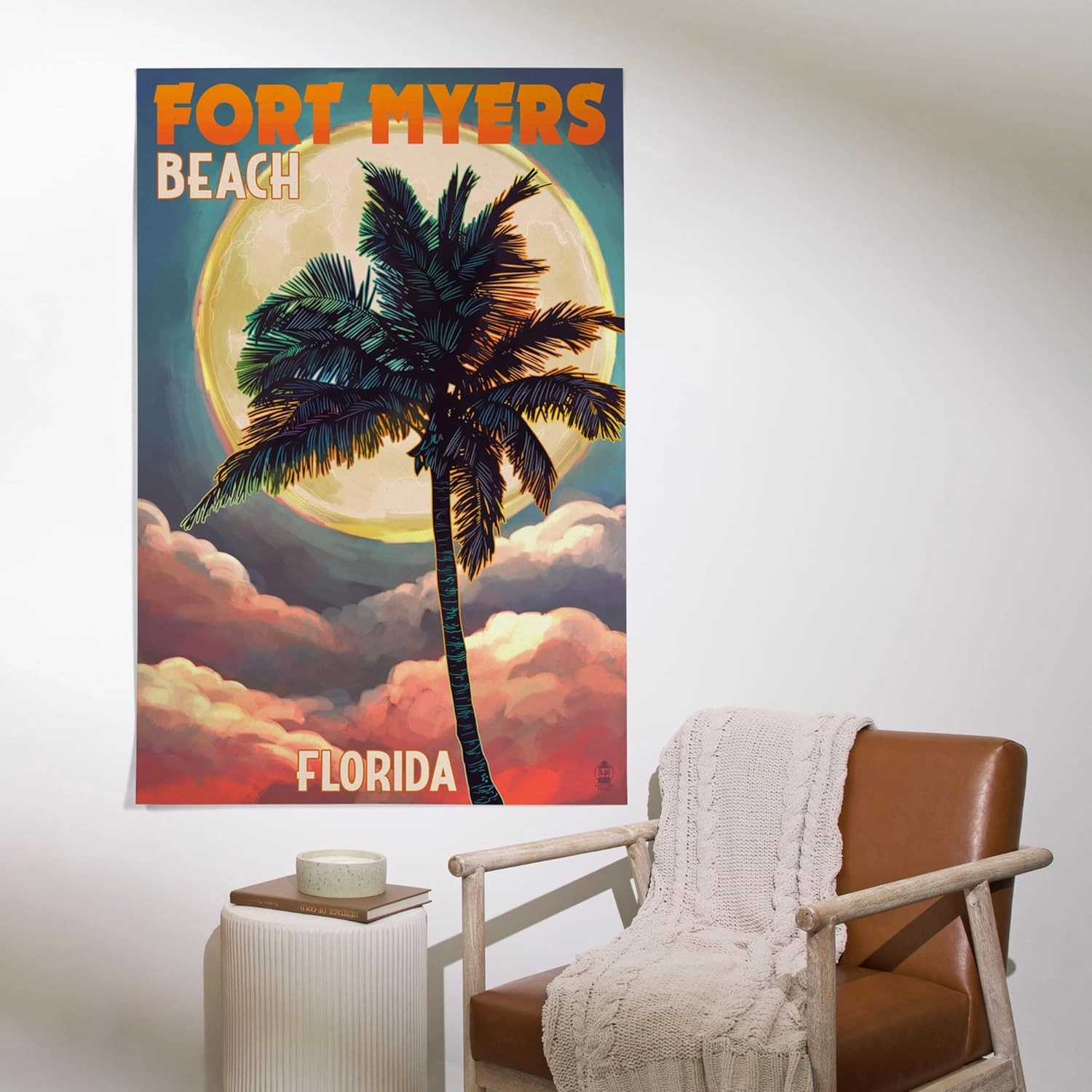 Lantern Press 36x54 Inch Giclee Art Print Wall Decor, Fort Myers Beach, Florida, Palms and Moon Sunset