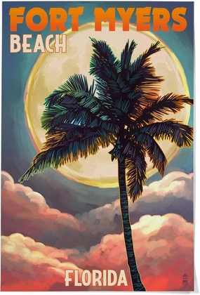 Lantern Press 36x54 Inch Giclee Art Print Wall Decor, Fort Myers Beach, Florida, Palms and Moon Sunset
