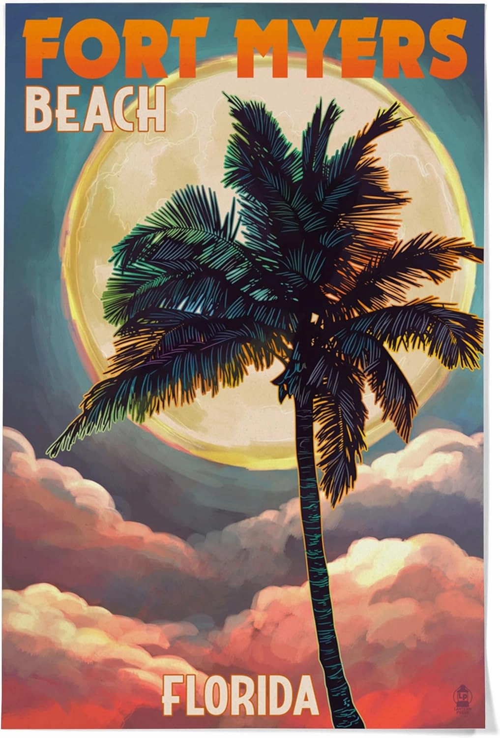 Lantern Press 36x54 Inch Giclee Art Print Wall Decor, Fort Myers Beach, Florida, Palms and Moon Sunset
