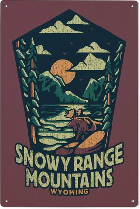 Lantern Press 6x9 Inch Wood Sign, Ready to Hang Wall Decor, Snowy Range Mountains, Wyoming, Distress Vector Shapes,