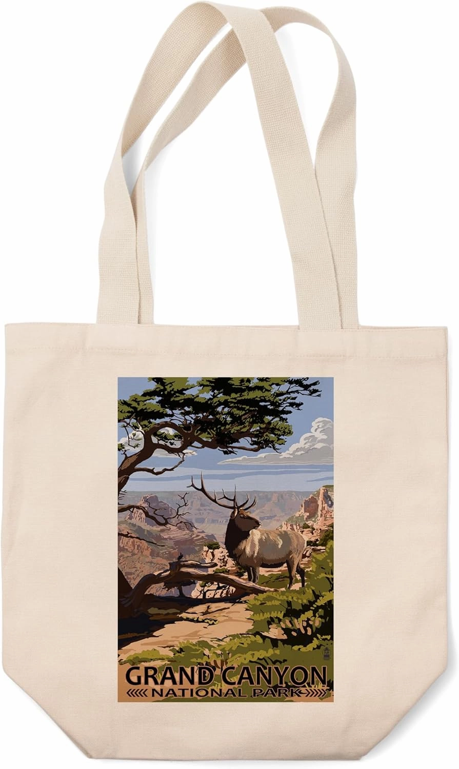 Lantern Press Grand Canyon National Park, Arizona, Elk and South Rim (100% Cotton Canvas Reusable Tote Bag)