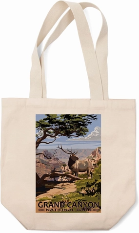 Lantern Press Grand Canyon National Park, Arizona, Elk and South Rim (100% Cotton Canvas Reusable Tote Bag)