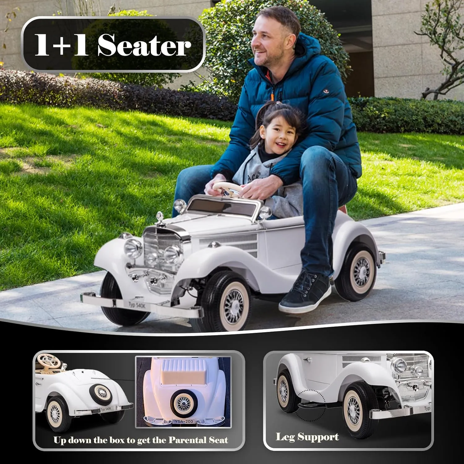 Large Ride On Car Compatible with Benz 12V Battery Powered Electric Vehicles with Remote Control for Kids 4WD Classic Ride on Toys with 2 Seater Parents-Child Ride on Car, White