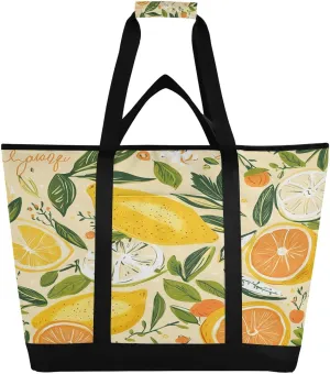 Lemon and Orange Pattern Reusable Insulated Lunchbox Cooler Bag, Leakproof Kitchen Grocery Bag Collapsible Portable Cooler Tote Bag for Picnic, Camping, Office, Travel