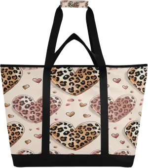 Leopard Print Heart Reusable Insulated Lunchbox Cooler Bag, Leakproof Kitchen Grocery Bag Collapsible Portable Cooler Tote Bag for Picnic, Camping, Office, Travel