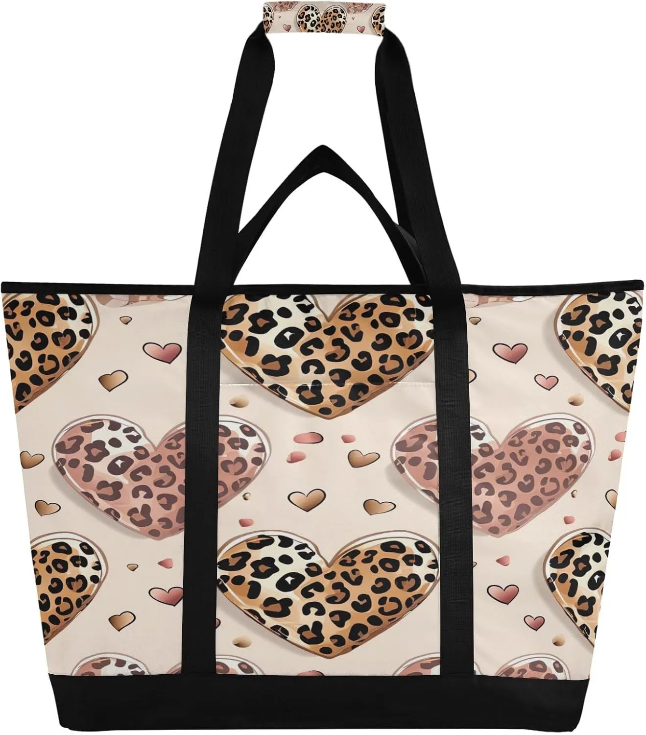 Leopard Print Heart Reusable Insulated Lunchbox Cooler Bag, Leakproof Kitchen Grocery Bag Collapsible Portable Cooler Tote Bag for Picnic, Camping, Office, Travel