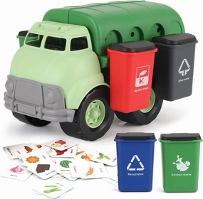 Liberty Imports Big Plastic Garbage Truck Toy, Waste Management Recycling Green Dump Vehicle with 4 Trash Cans and Recycle Sorting Cards for Little Kids, Toddlers