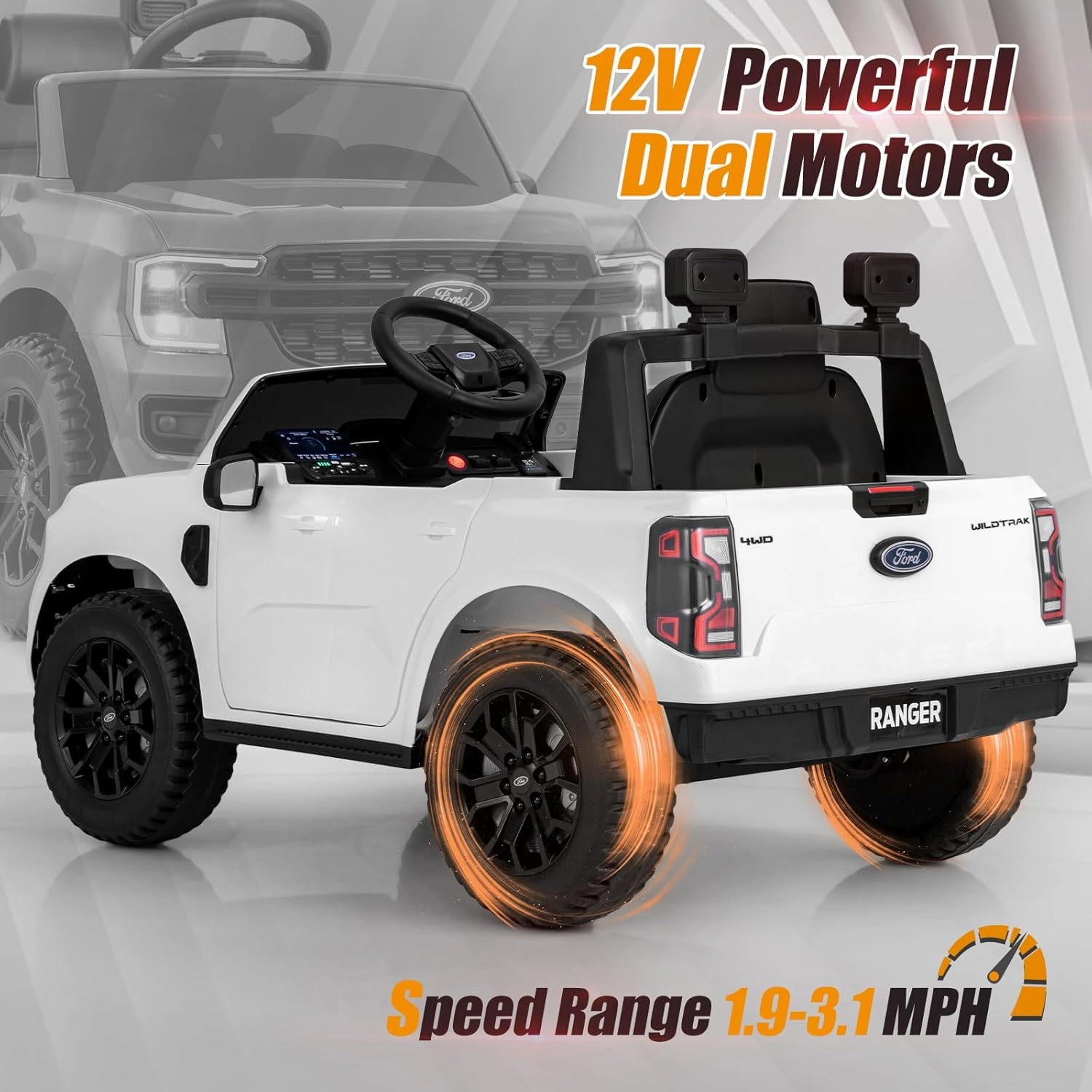 Licensed Ford Ranger Ride on Car for Kids by OLAKIDS, 12V Electric Vehicle Truck with Remote Control, Toddlers Battery Powered Toy with 2 Speeds Wheels Suspension Storage Space Bluetooth USB (White)