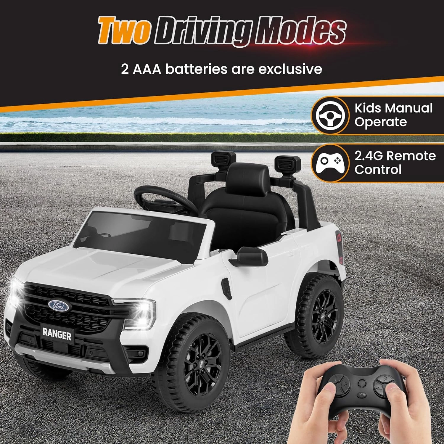 Licensed Ford Ranger Ride on Car for Kids by OLAKIDS, 12V Electric Vehicle Truck with Remote Control, Toddlers Battery Powered Toy with 2 Speeds Wheels Suspension Storage Space Bluetooth USB (White)