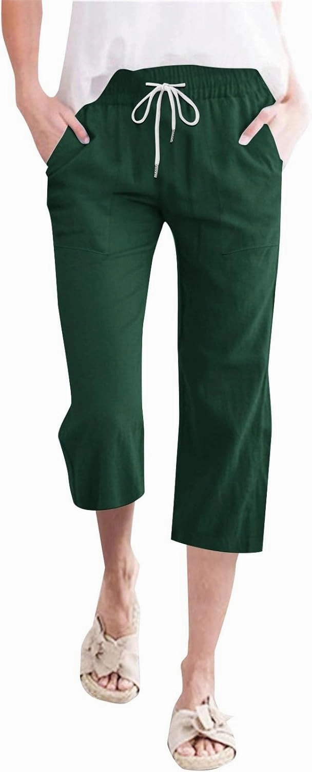 Linen Capri Pants for Women High Waist Drawstring Straight Leg Lounge Pants Summer Fashion Beach Capris with Pockets