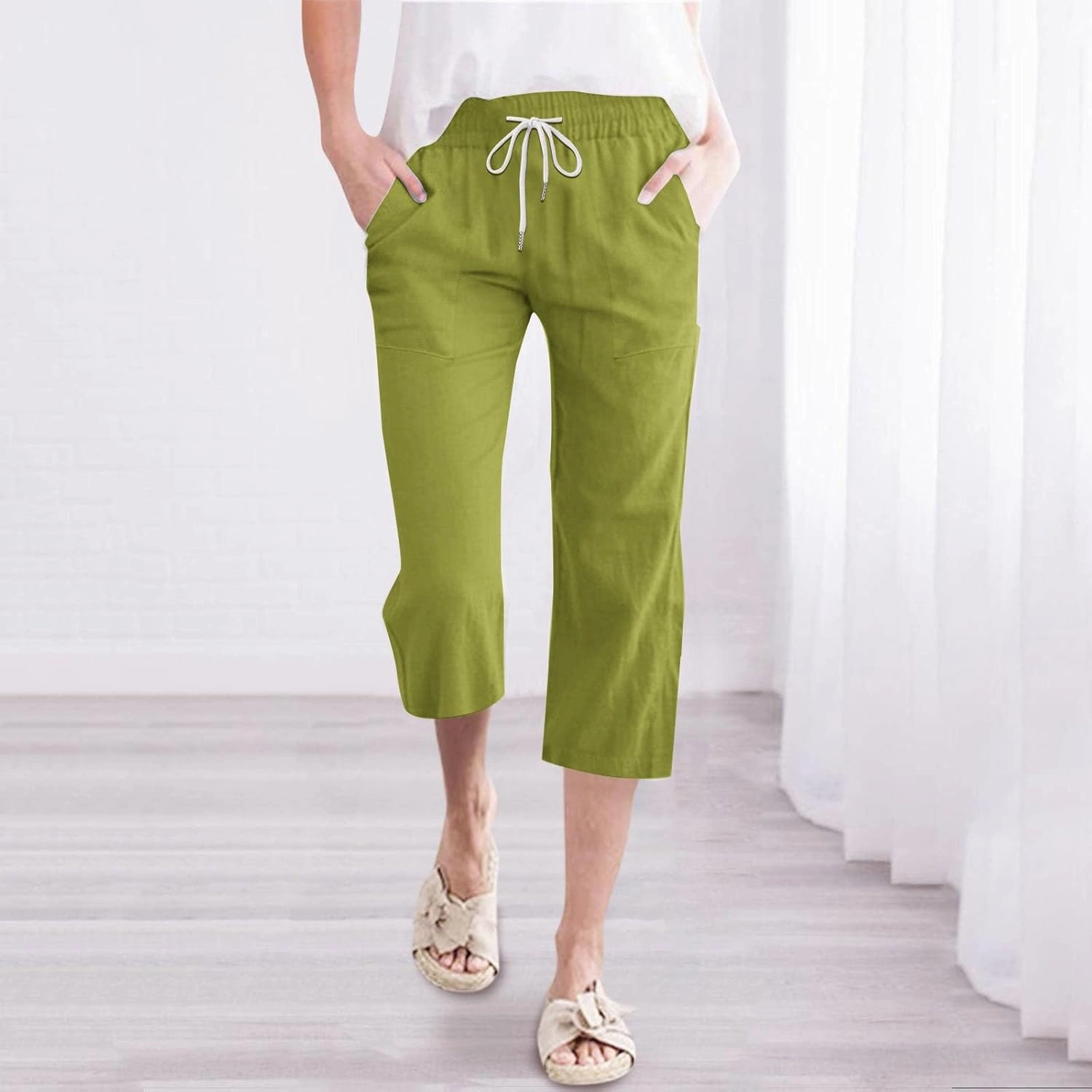 Linen Capri Pants for Women High Waist Drawstring Straight Leg Lounge Pants Summer Fashion Beach Capris with Pockets