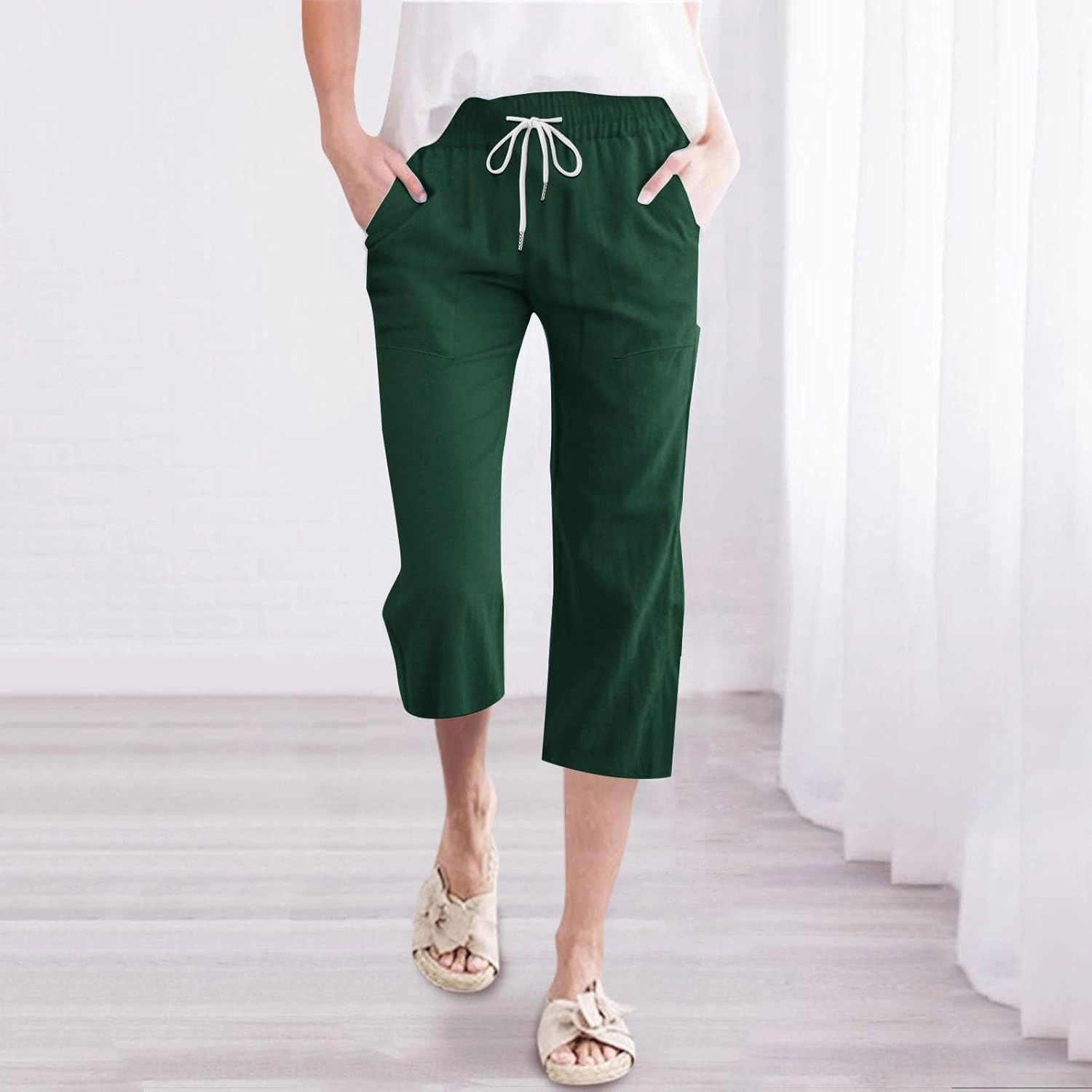 Linen Capri Pants for Women High Waist Drawstring Straight Leg Lounge Pants Summer Fashion Beach Capris with Pockets