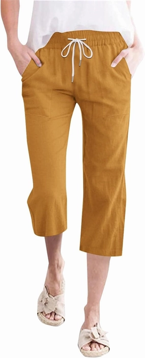 Linen Capri Pants for Women High Waist Drawstring Straight Leg Lounge Pants Summer Fashion Beach Capris with Pockets