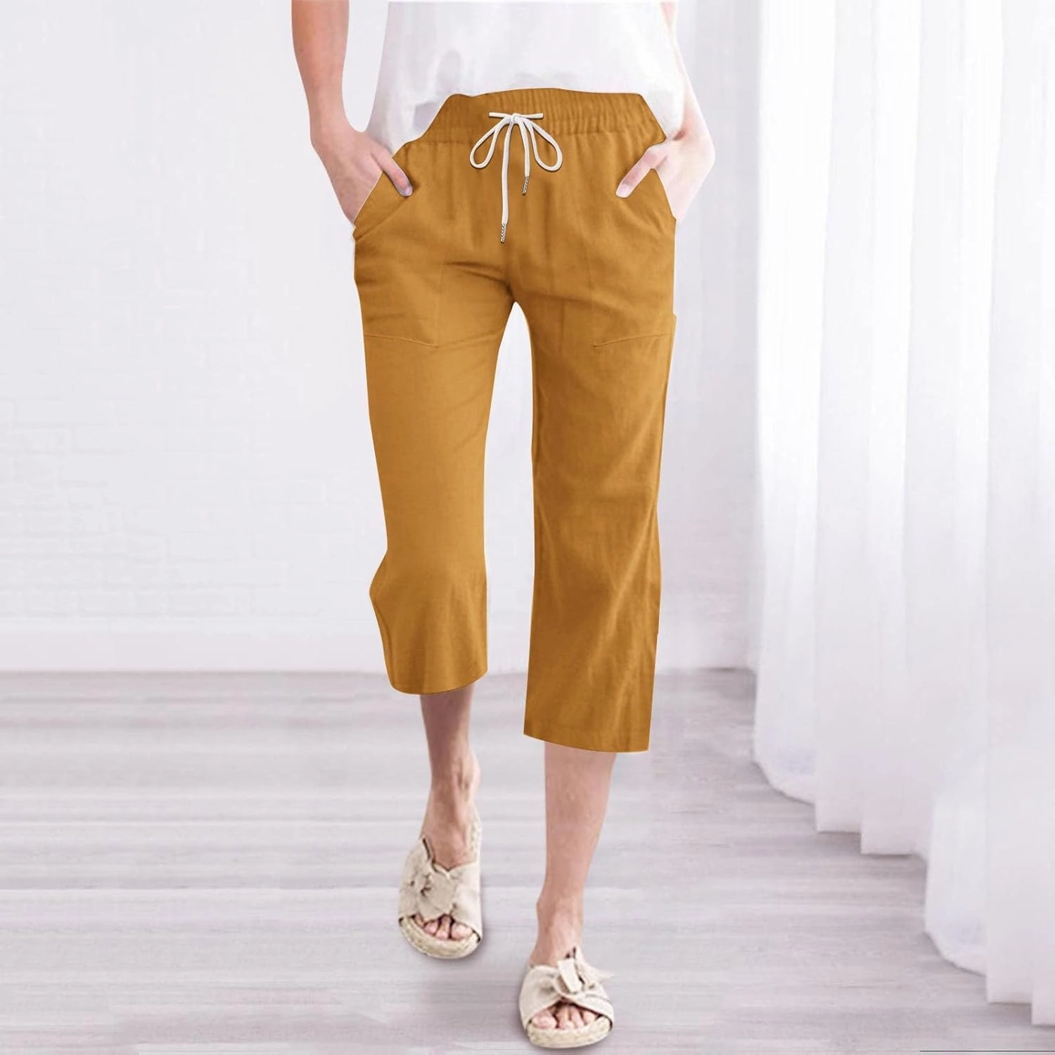 Linen Capri Pants for Women High Waist Drawstring Straight Leg Lounge Pants Summer Fashion Beach Capris with Pockets